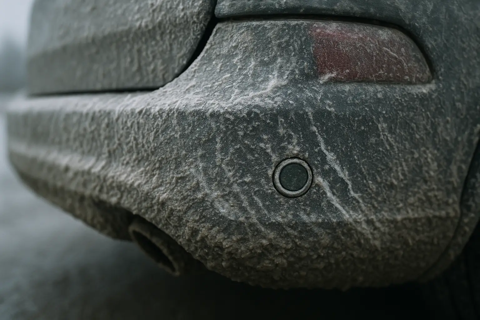 A car's rear bumper covered in mud and road salt after winter driving