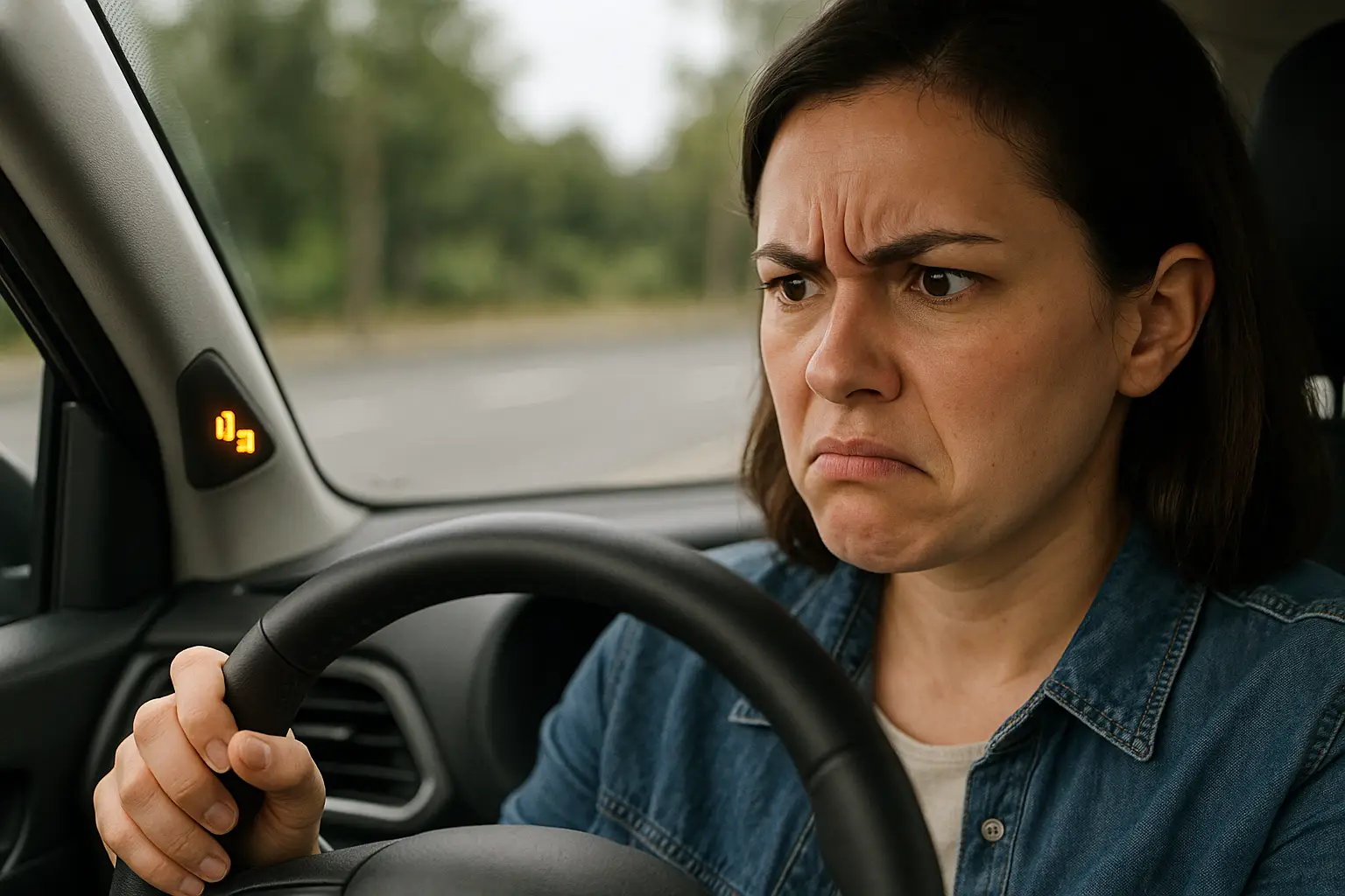 A driver looking at their side mirror with a frustrated expression