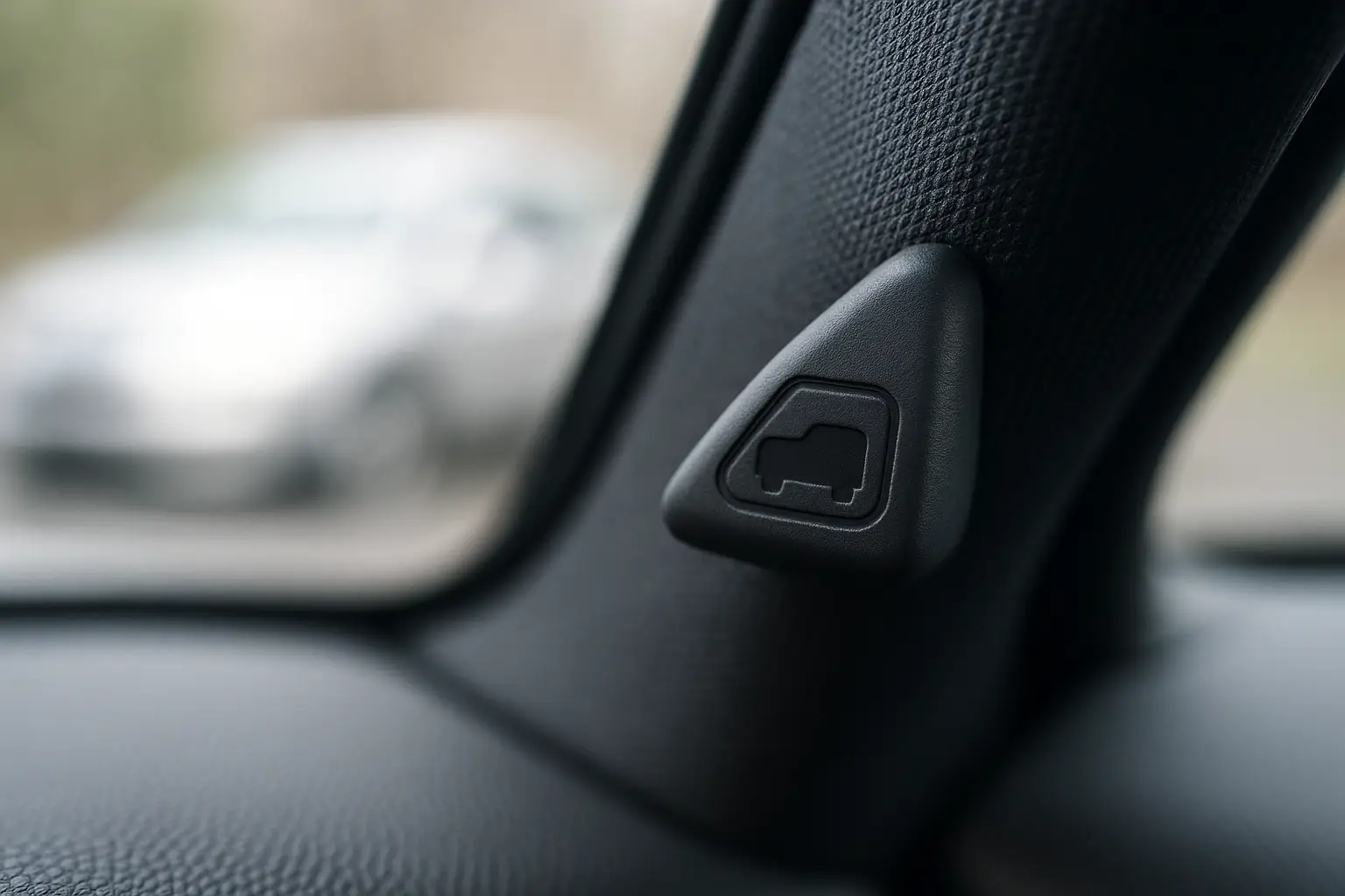 A close-up shot of an A-pillar mounted blind spot indicator that is unlit