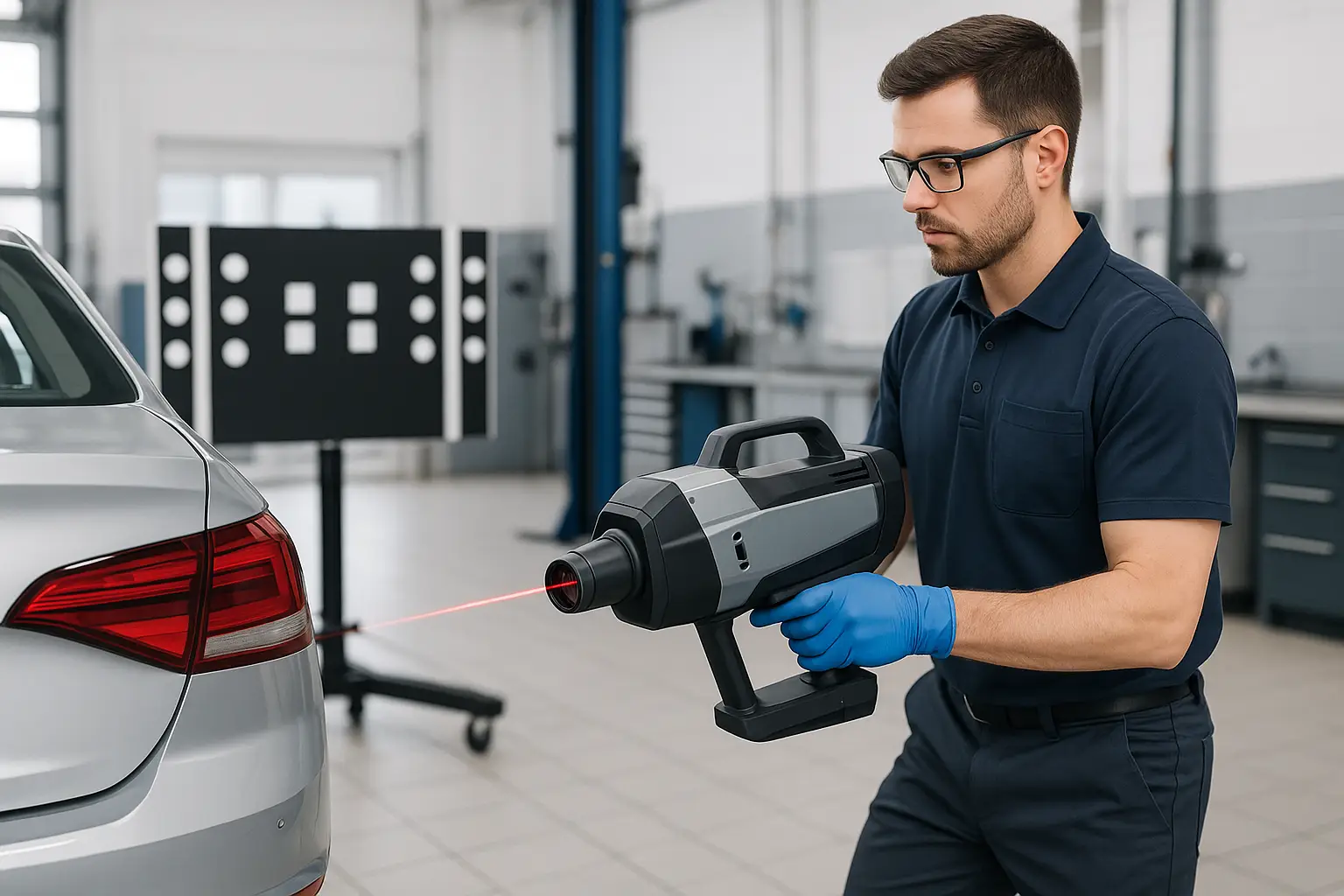 A technician aiming a laser calibration tool at a car's rear bumper in a workshop