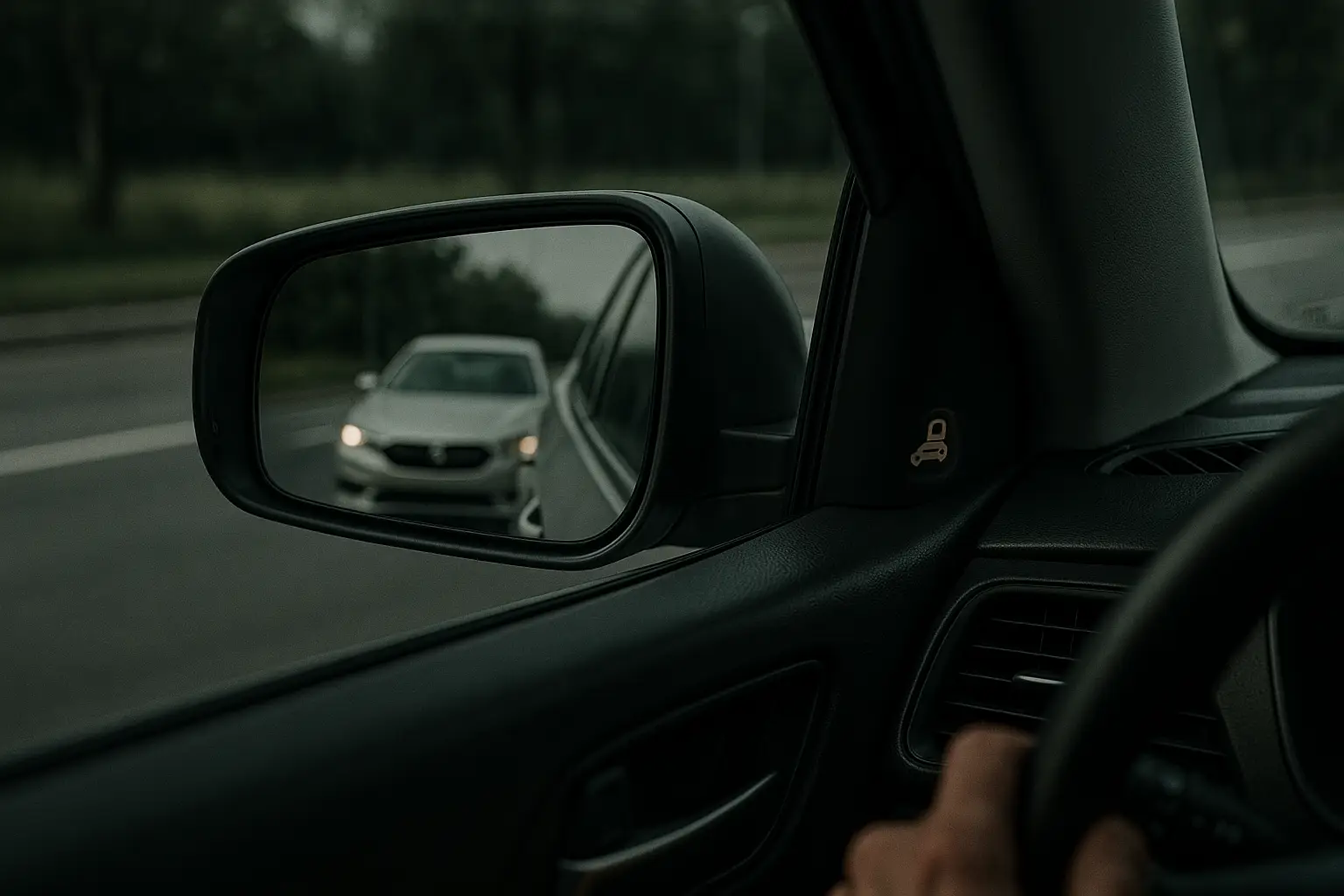 A car in a blind spot with no warning light on the side mirror
