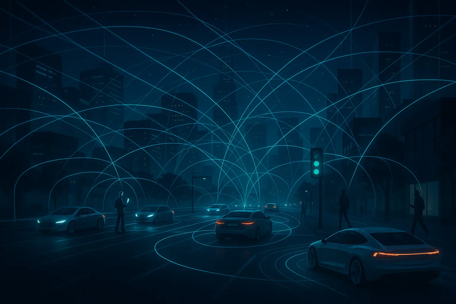alt text: A futuristic cityscape with data lines connecting cars, traffic lights, and pedestrian smartphones.