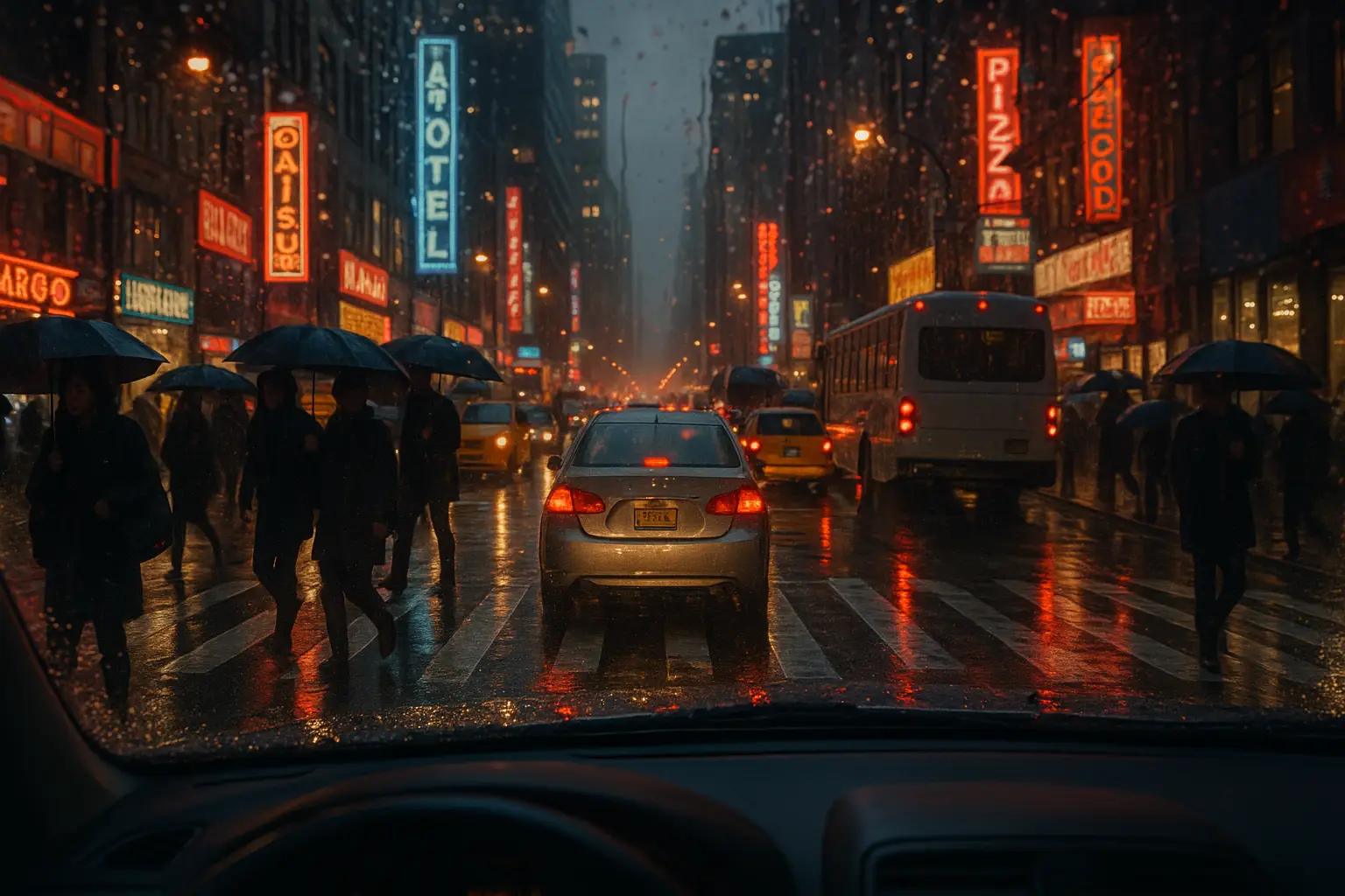 alt text: A car's point-of-view on a crowded city street with many pedestrians, cars, and signs.