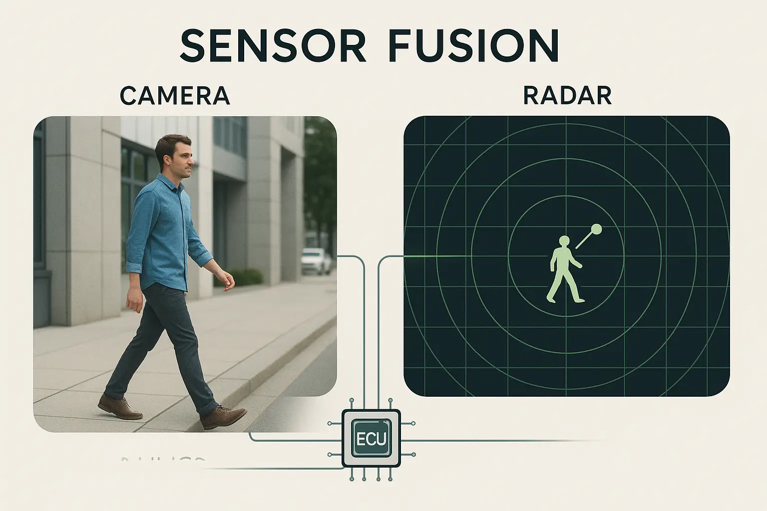 alt text: A side-by-side comparison of a radar view and a camera view identifying a pedestrian.