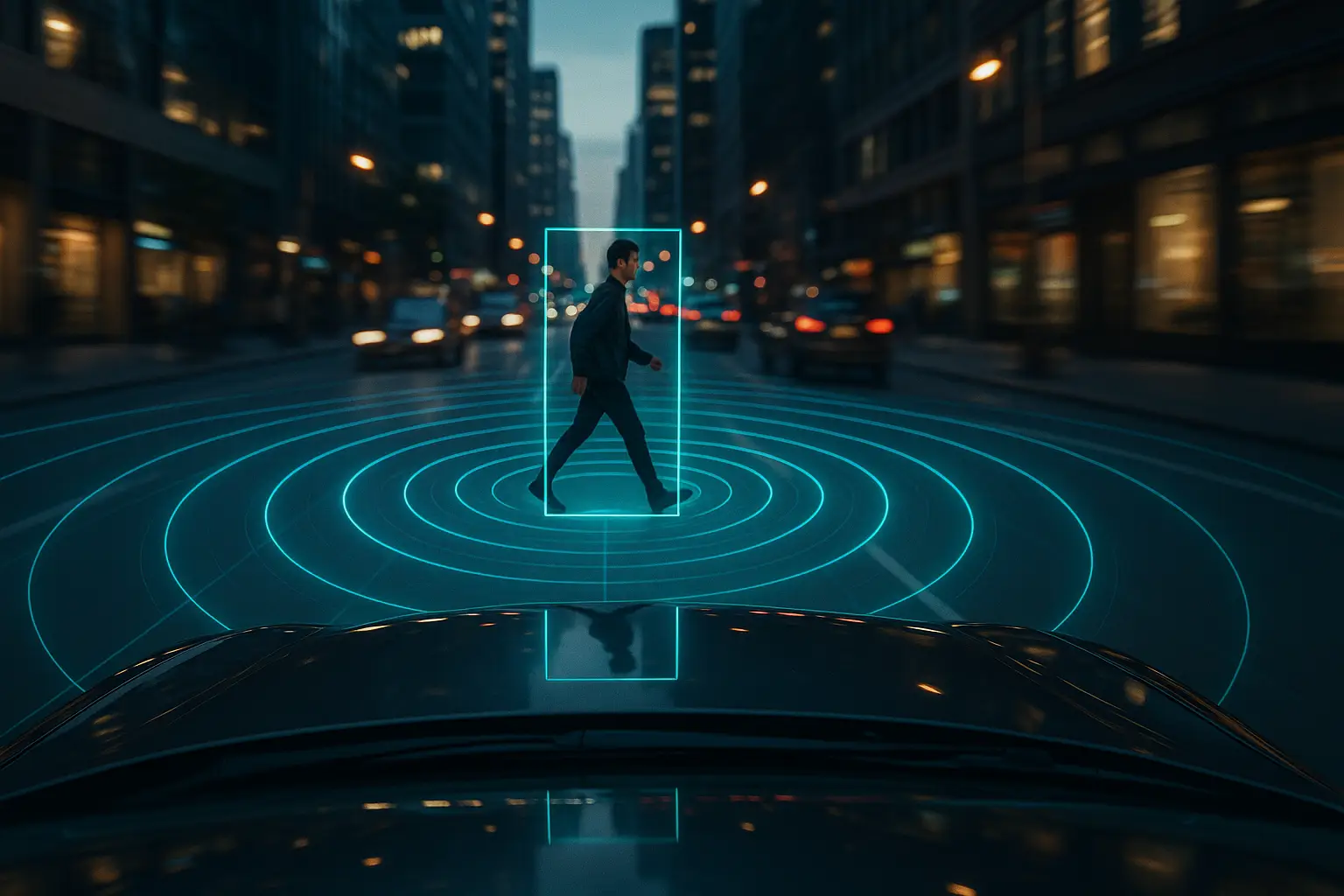 alt text: A detailed graphic showing sensor waves from a car focusing on a pedestrian amidst city traffic.