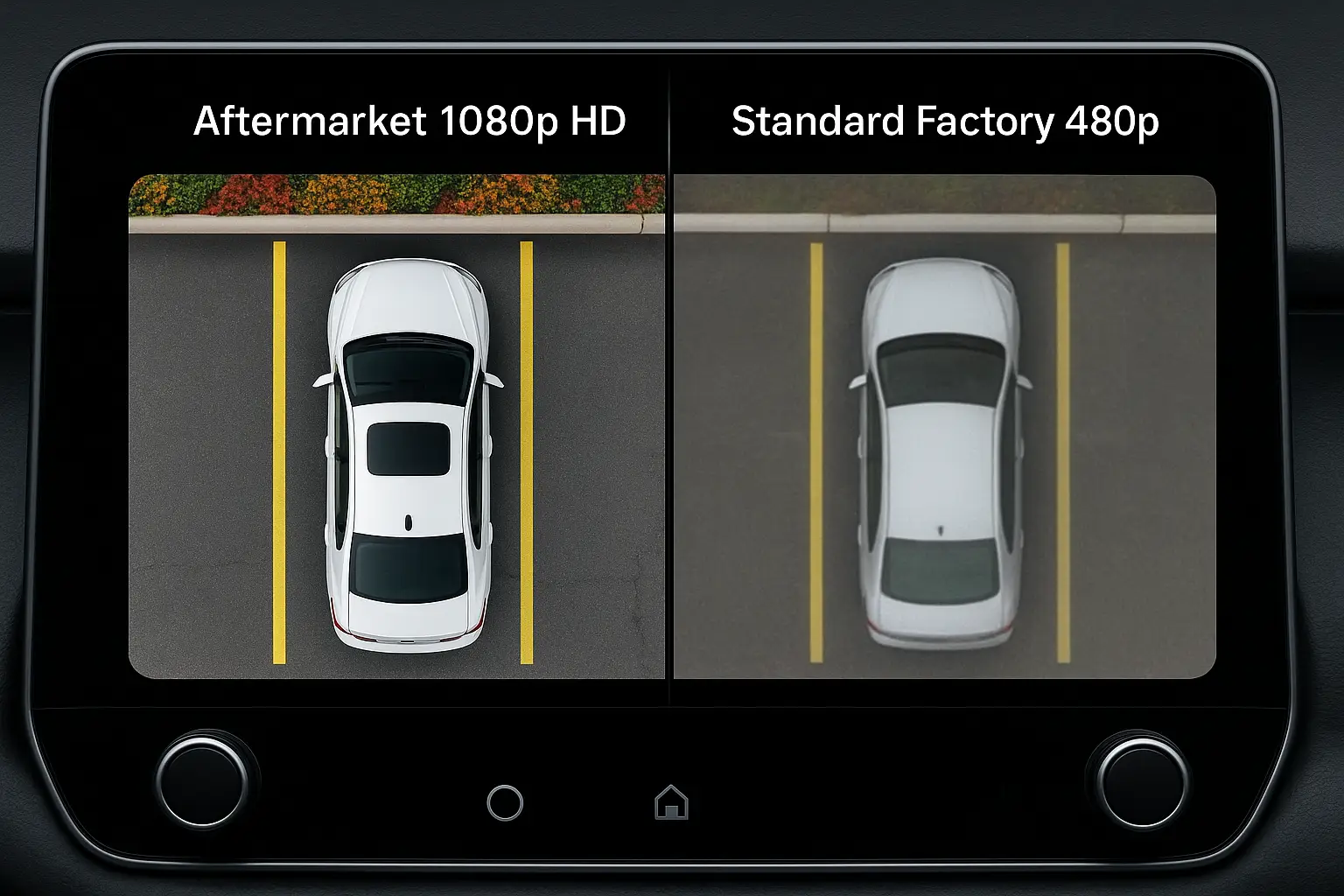 alt text: A detailed split-screen image comparing the sharp view from an aftermarket 360 camera to a standard factory system.