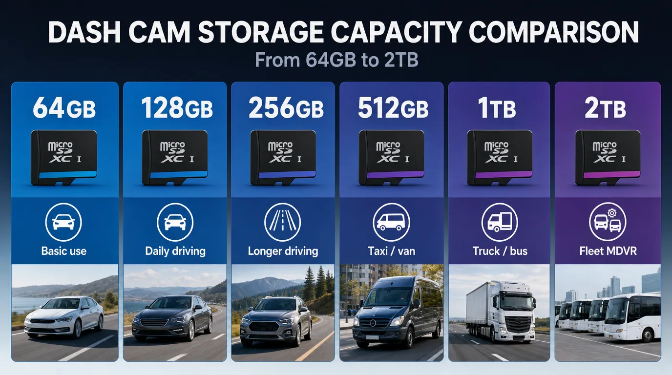 dash cam storage capacity comparison from 64GB to 2TB
