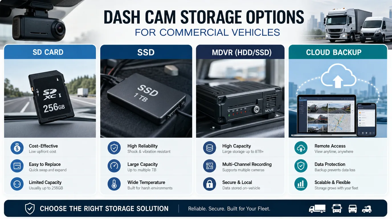 dash cam storage options for commercial vehicles including SD card SSD MDVR and cloud backup