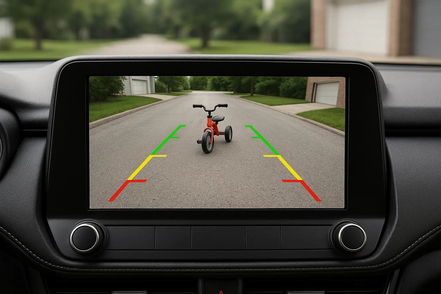 Dashboard screen showing a clear rear view from a backup camera with parking gridlines