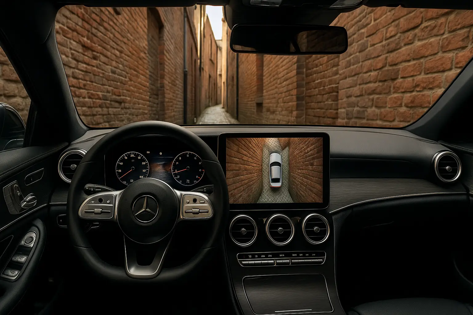 A car successfully navigating a very narrow alleyway using its 360-degree camera display