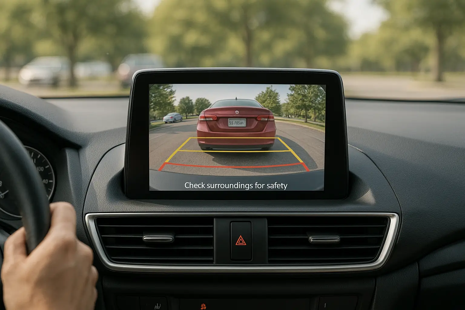 A car's backup camera screen showing a poorly adjusted, high angle view
