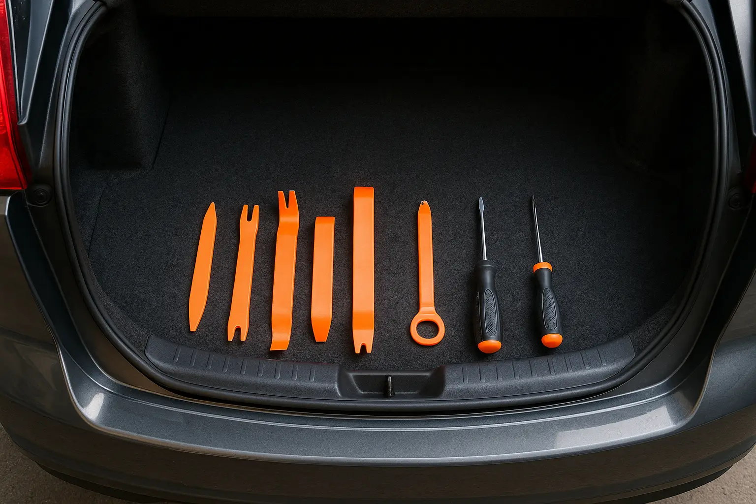 A set of [trim removal tools](https://www.autozone.com/test-scan-and-specialty-tools/molding-and-trim-remover-tool) and a screwdriver laid out next to a car's open trunk