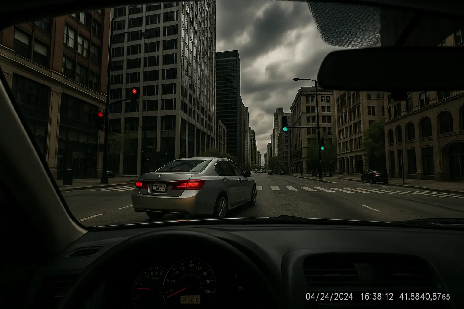 A dash cam view capturing a clear image of a car running a red light ahead