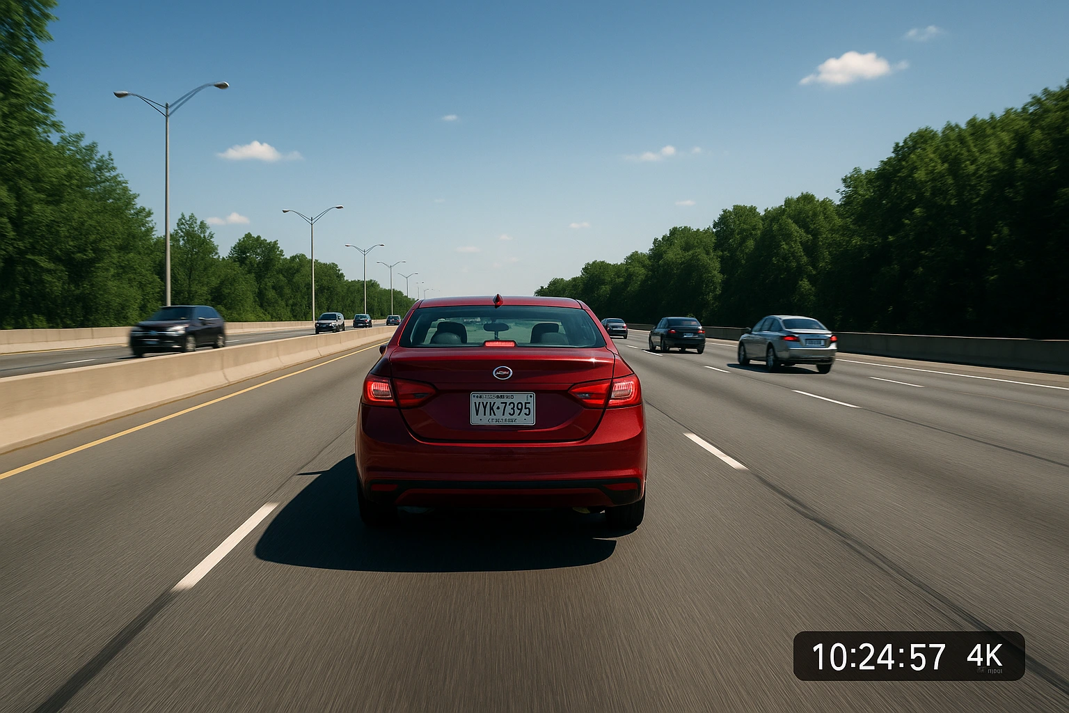 A crystal clear 4K dash cam still frame showing a license plate from a distance