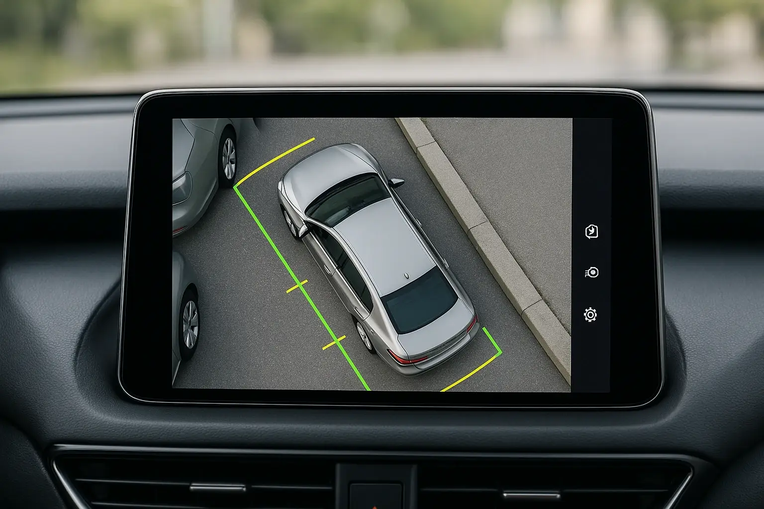 A 360-degree surround view camera display showing a car avoiding a curb