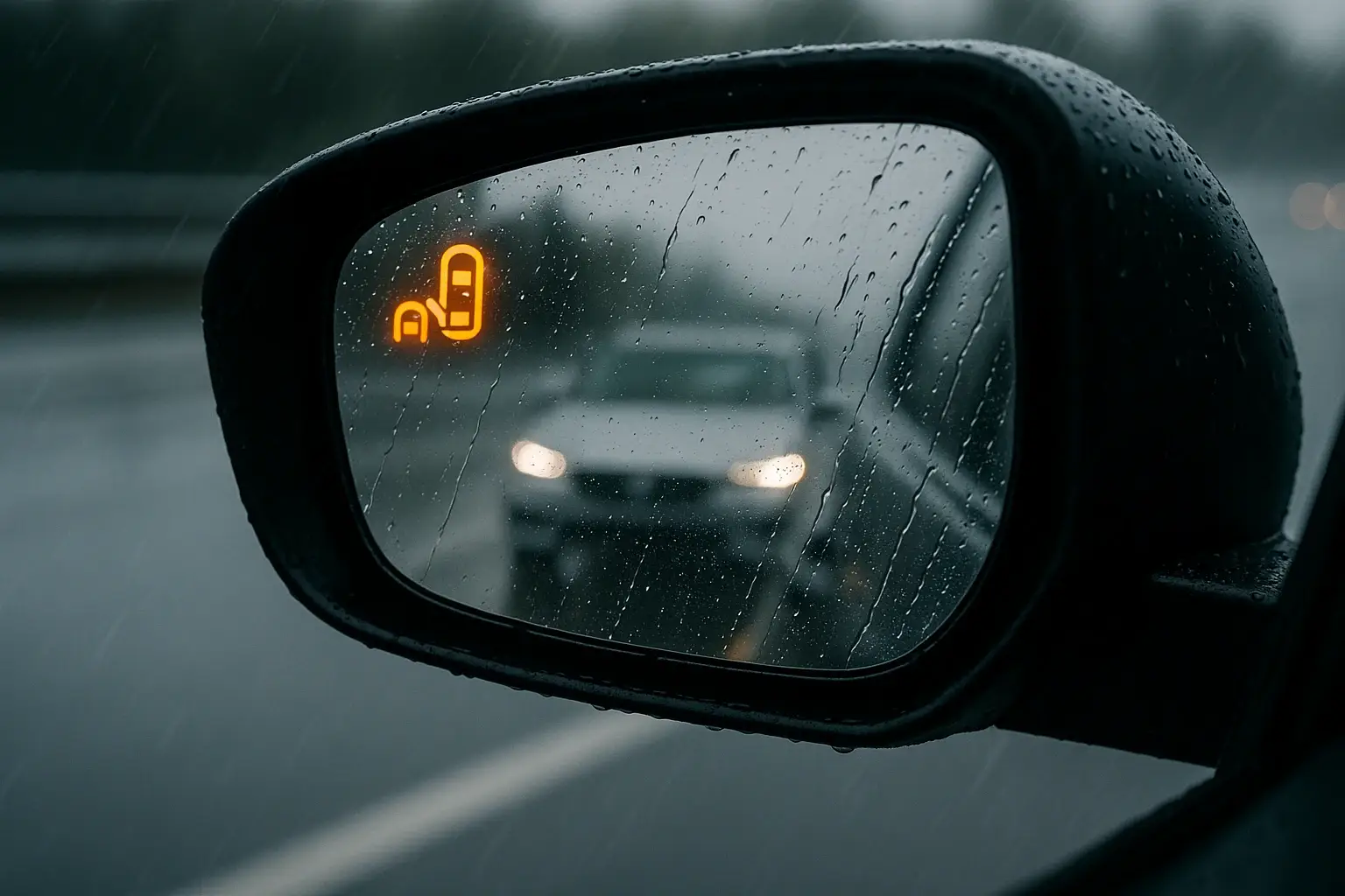 A car's side mirror glowing with the orange blind spot detection warning icon