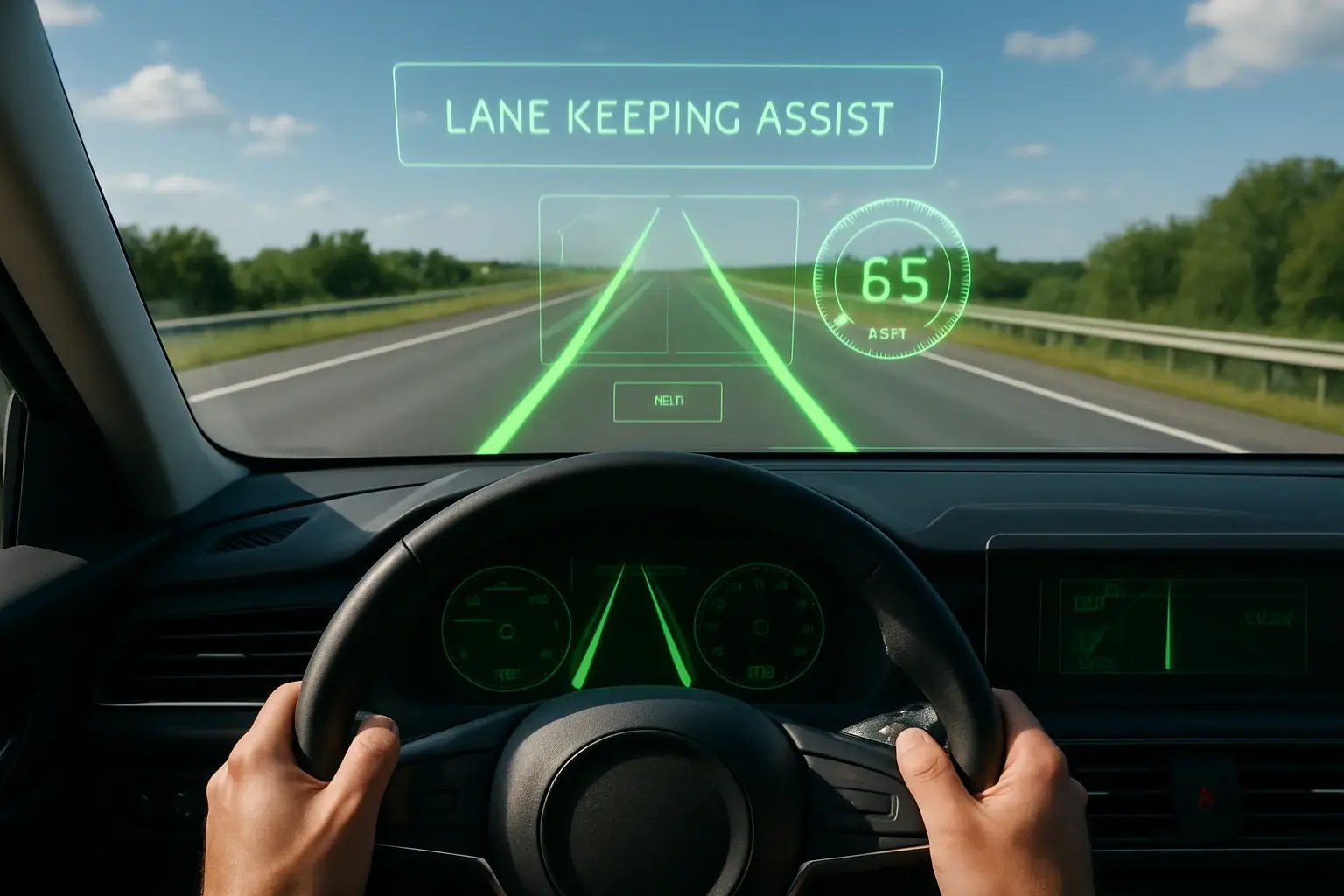 A driver's view of a highway with digital lines showing LKA is active