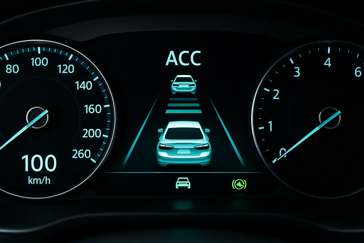 Dashboard display showing Adaptive Cruise Control set and tracking a car ahead