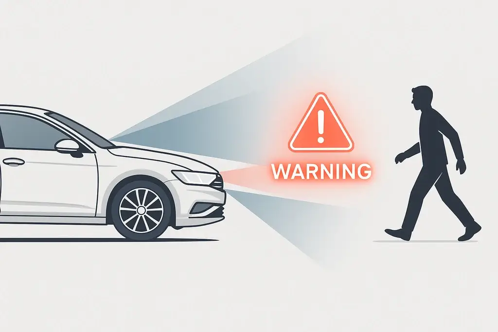 Diagram showing a car's AEB sensors detecting a pedestrian