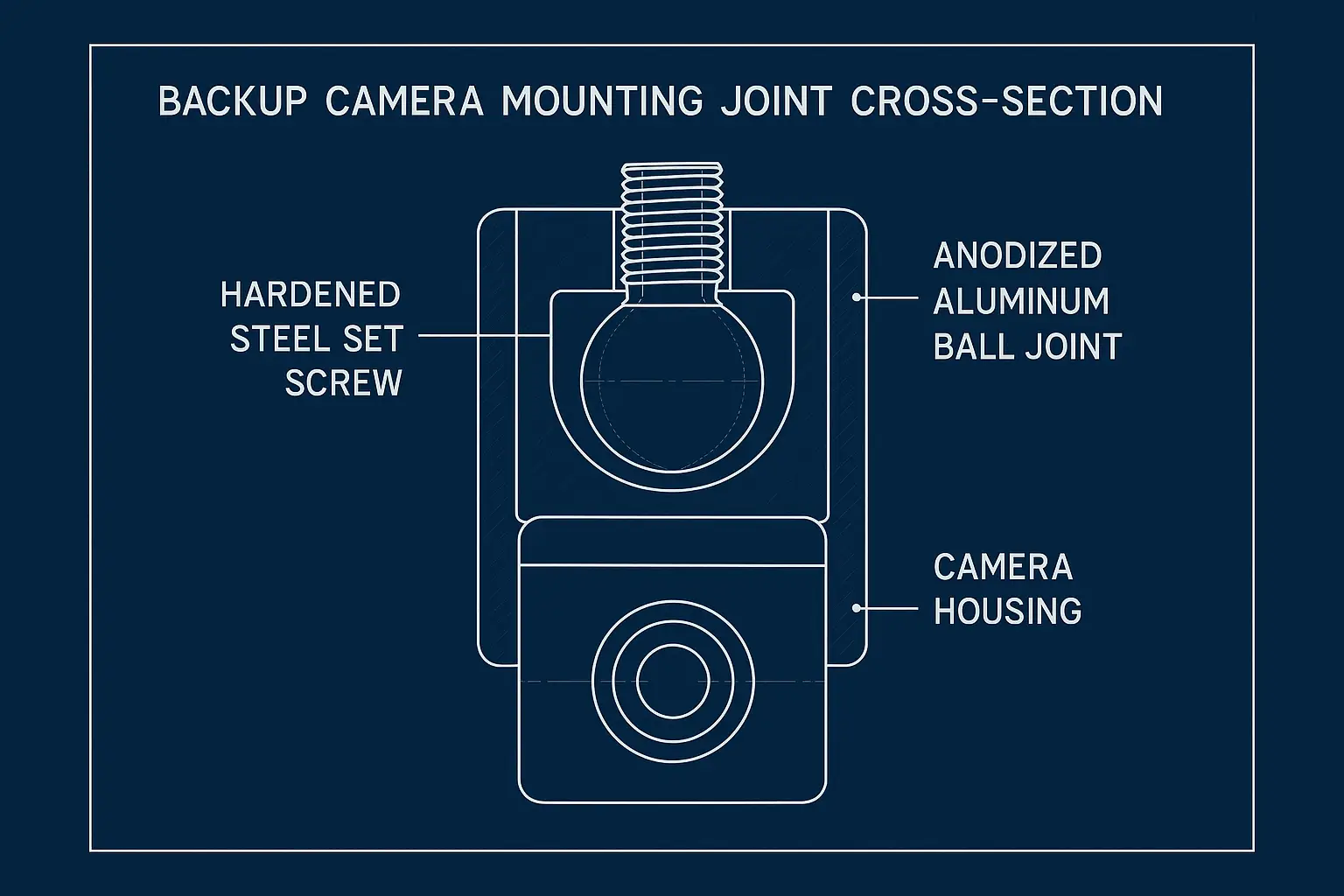 A technical diagram showing the ball joint and set screw of a backup camera