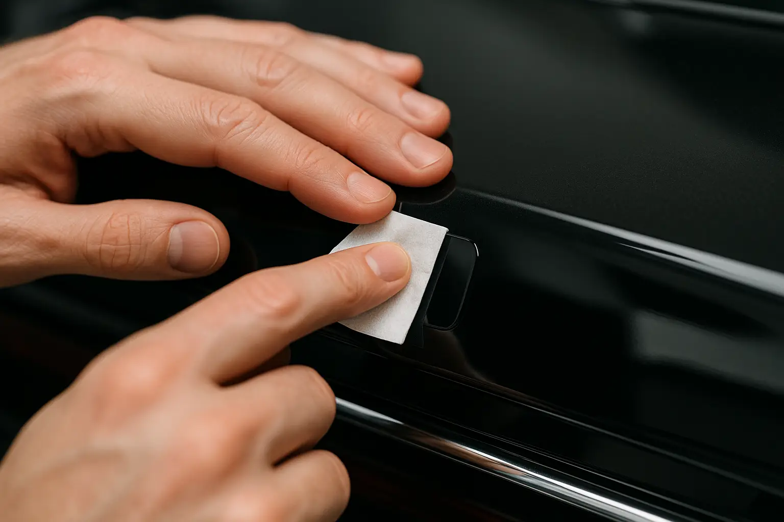 A person using an alcohol wipe to meticulously clean a car surface before applying a camera