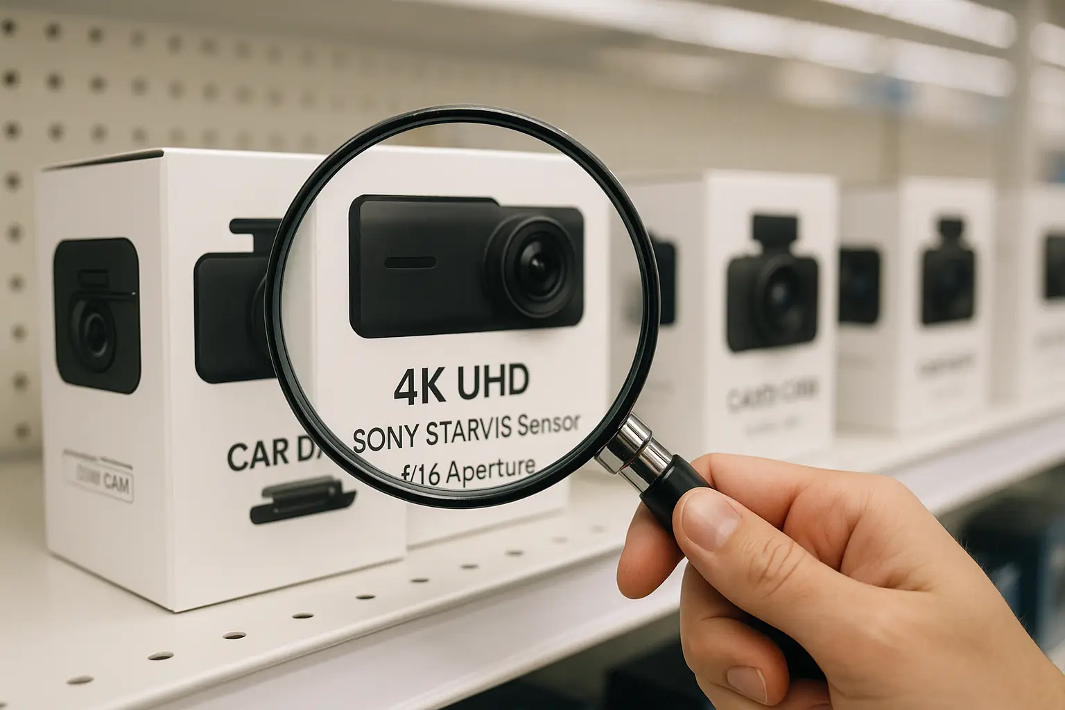 A magnifying glass hovering over different dash cams on a store shelf