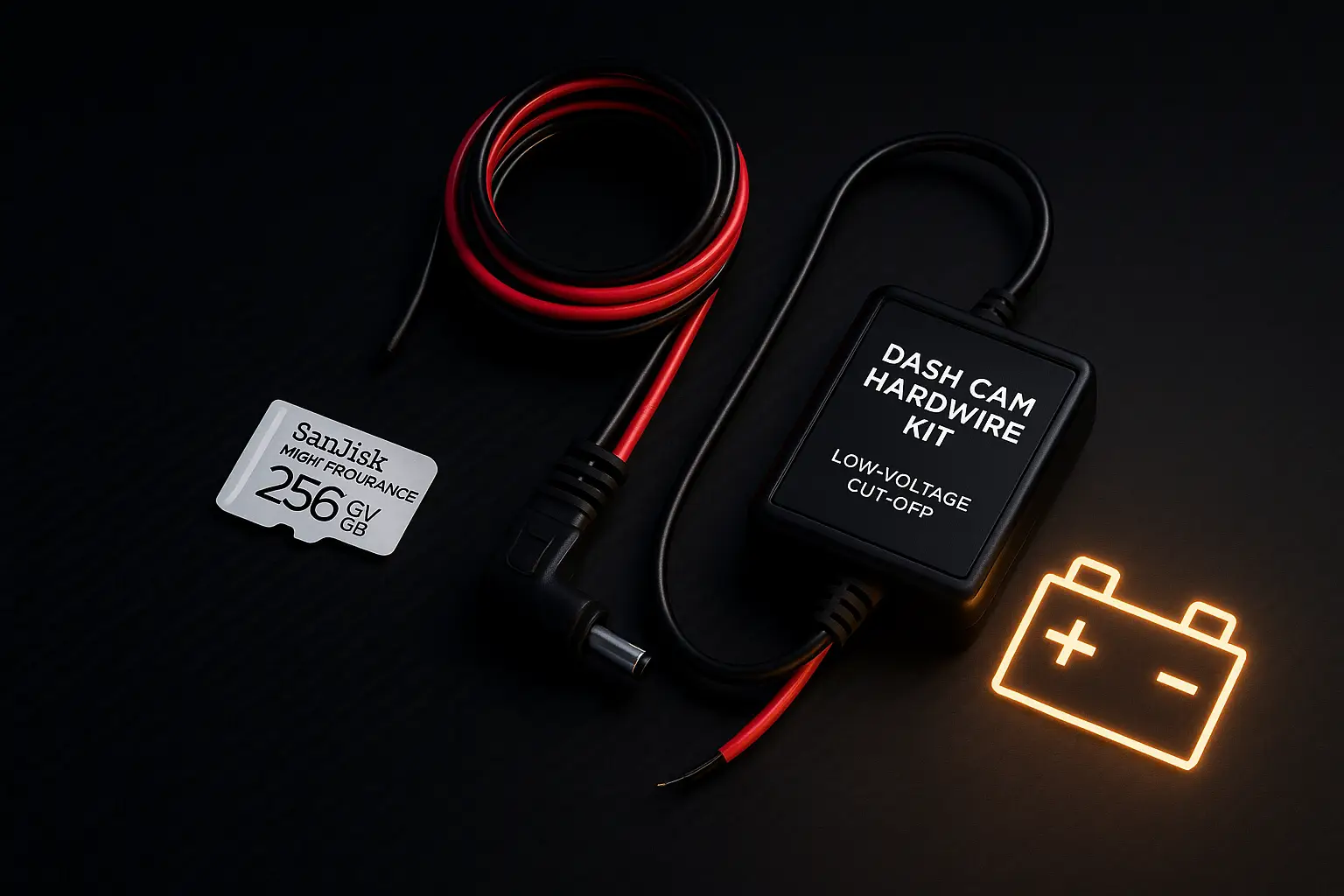 A high-endurance microSD card, a car battery, and a dash cam hardwire kit with voltage monitor