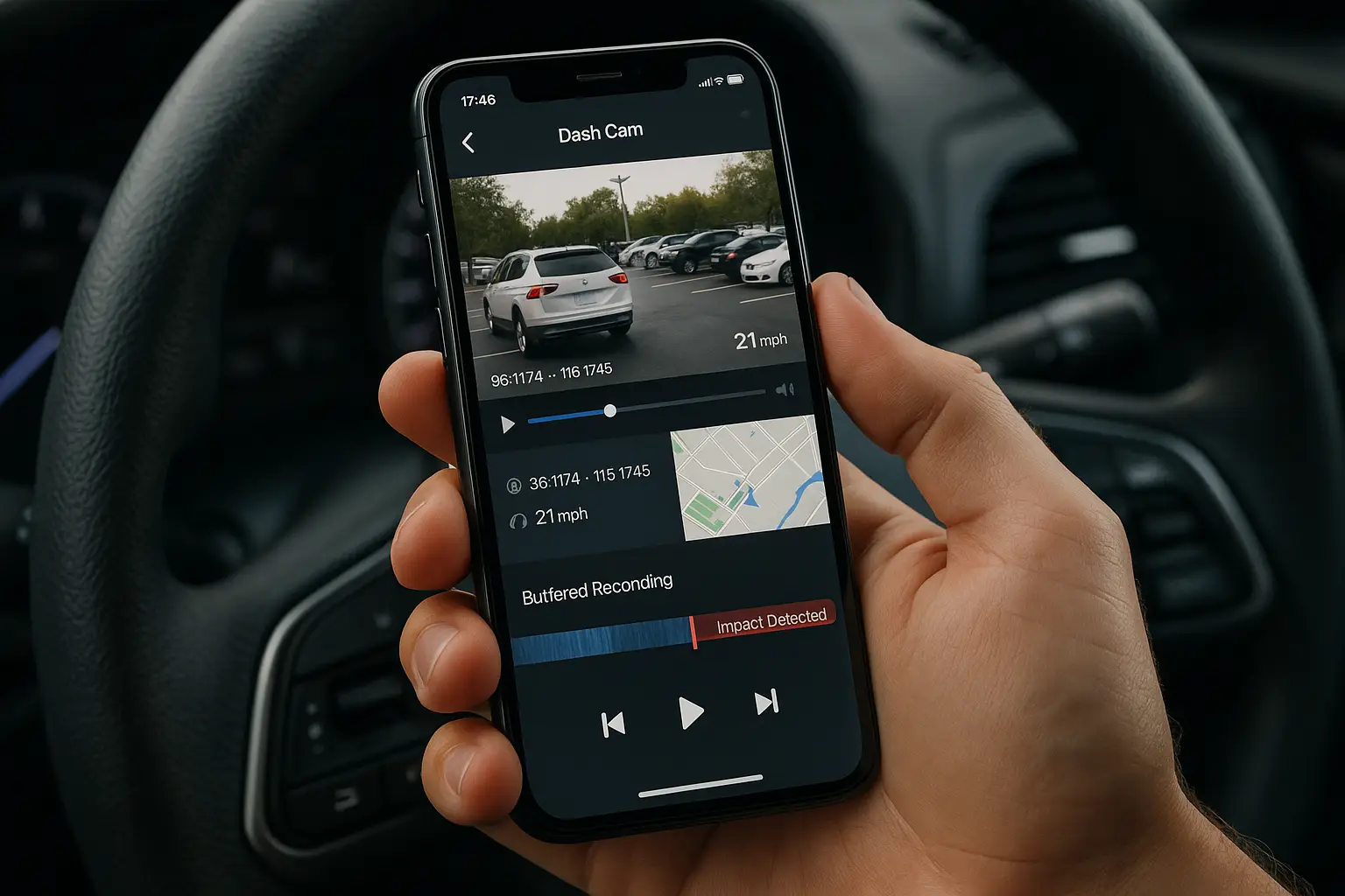 A smartphone app interface showing a video clip with GPS data overlay and a timeline indicating a buffered recording event