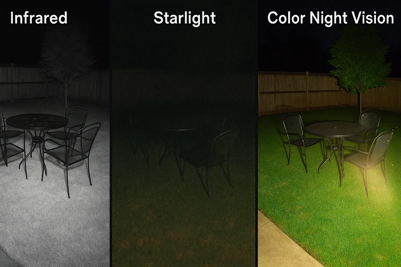 A split-screen showing the same dark backyard in IR, Starlight, and Color Night Vision with a spotlight