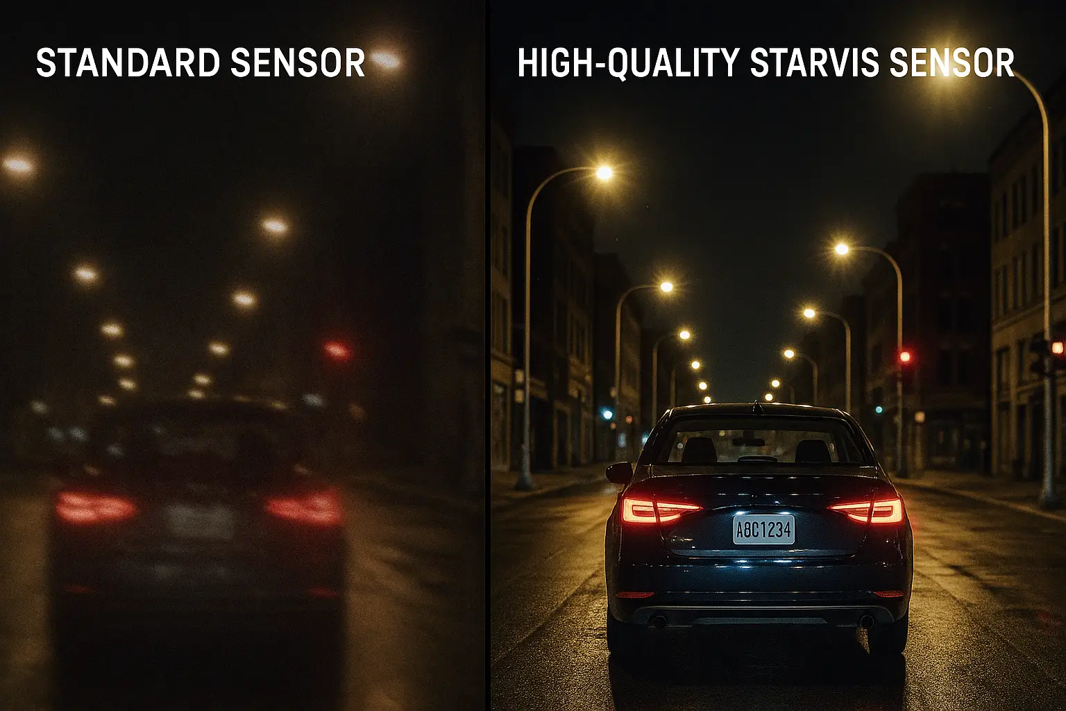 Side-by-side comparison of night footage from a dash cam with a Sony STARVIS sensor and one without