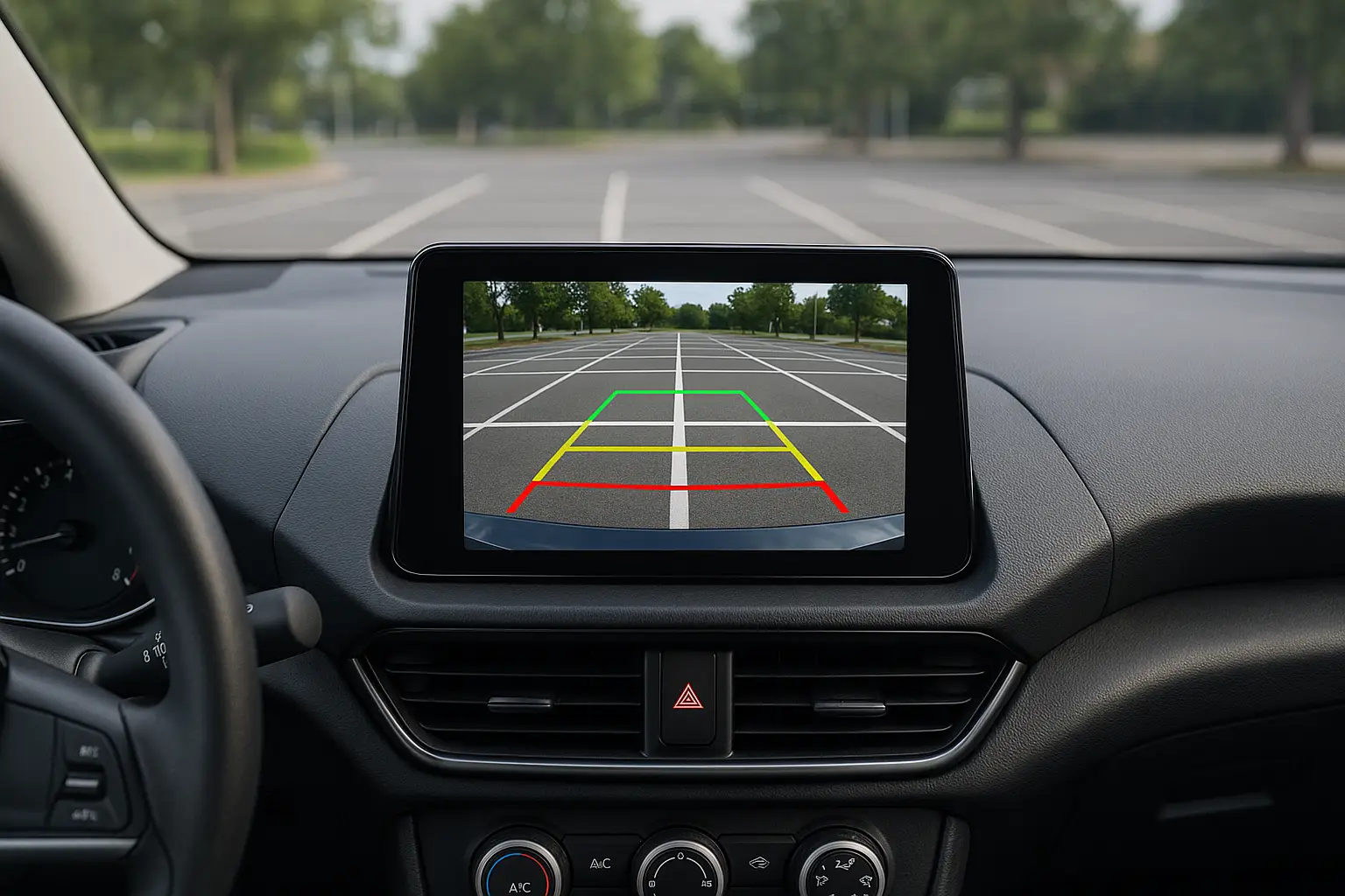 Dashboard monitor showing parking guidelines correctly aligned with a parking space