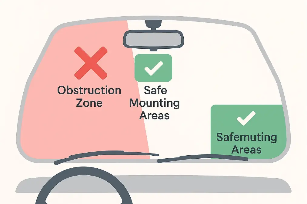 A diagram showing legally approved mounting zones on a car windshield