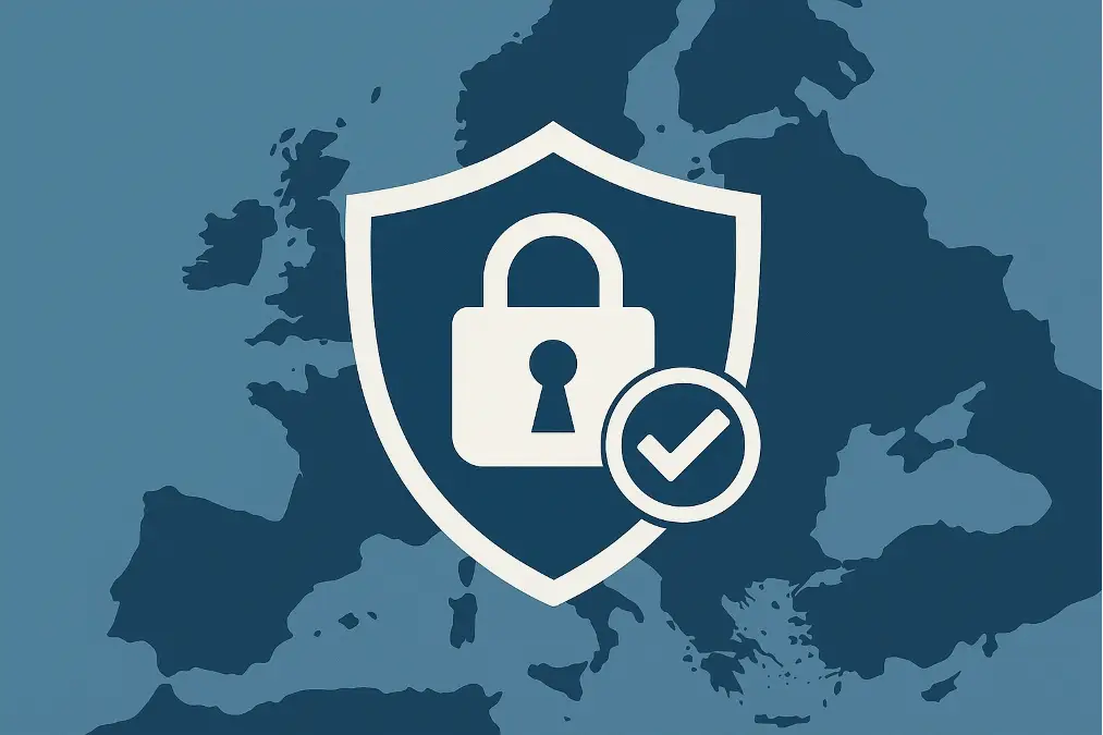A map of Europe with the official GDPR shield logo overlaid