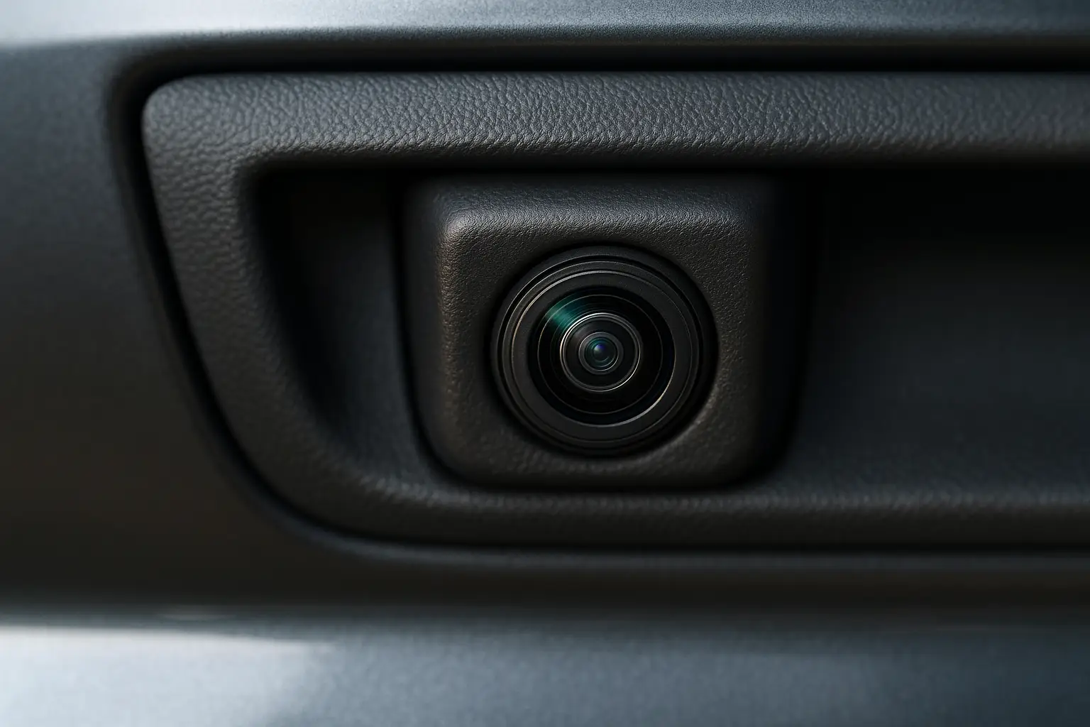 A close-up shot of a backup camera integrated into a car's trunk handle