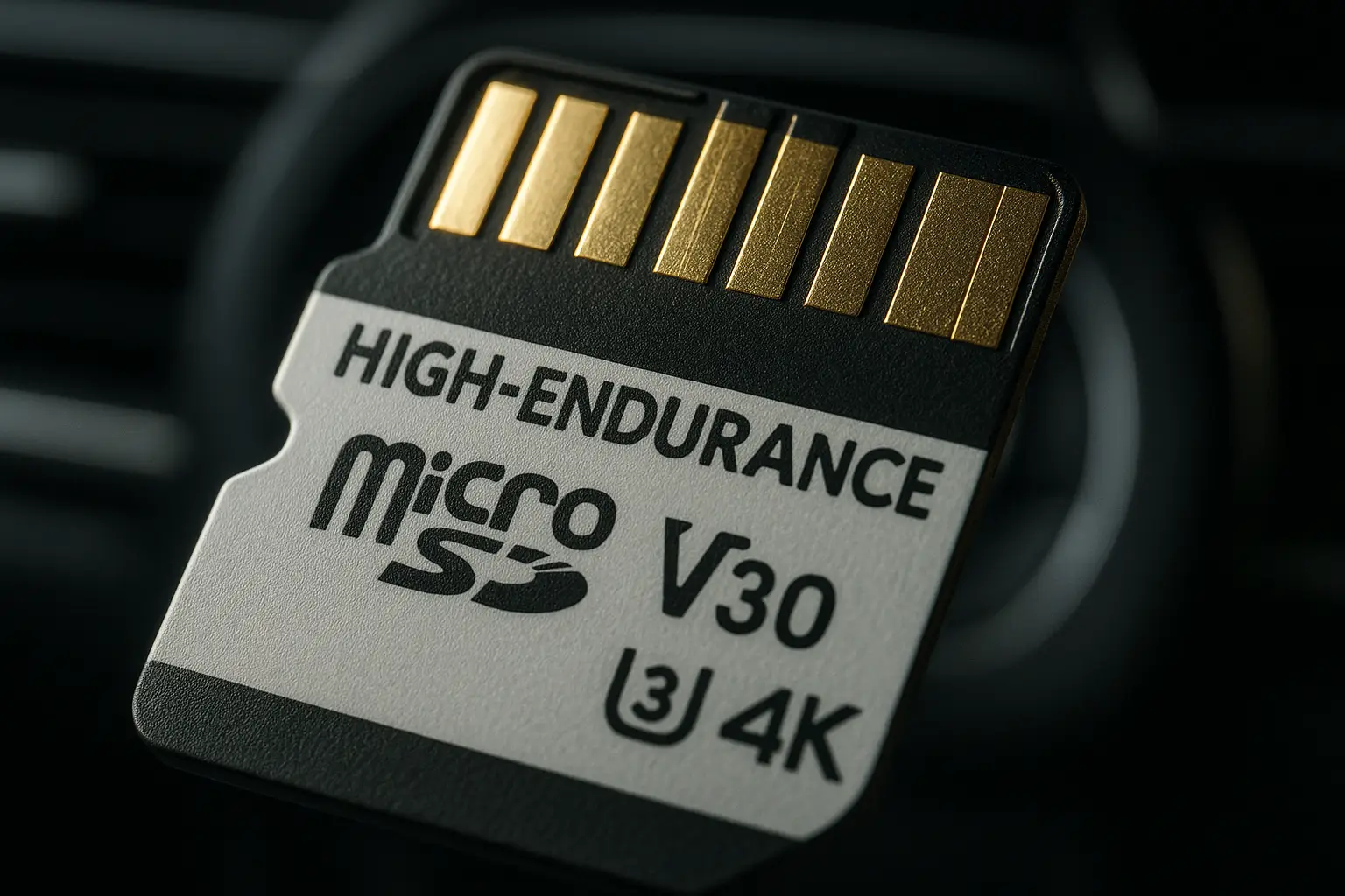 A close-up of a high-endurance microSD card showing its specifications