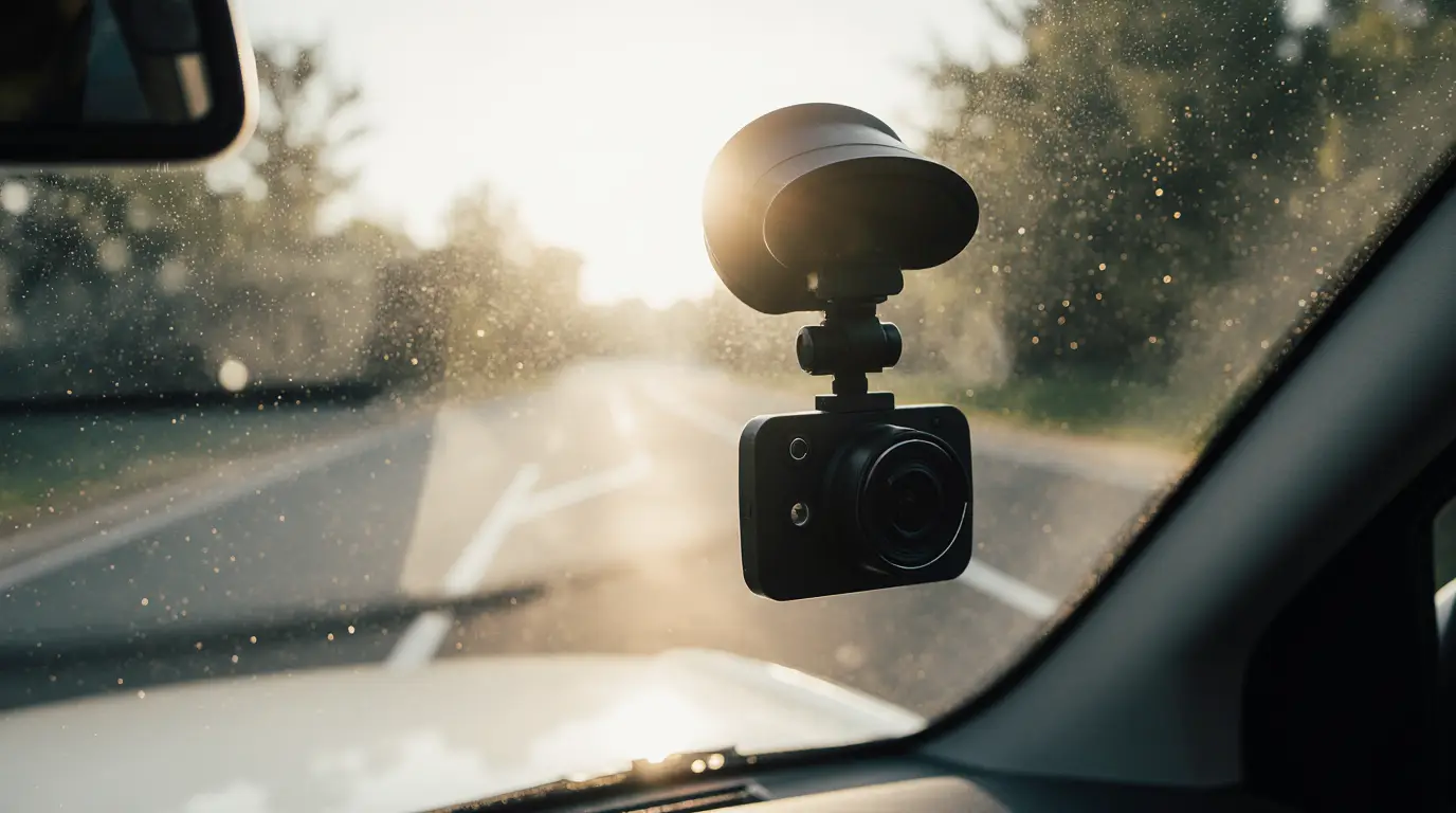 A close-up of a vehicle black box or dash cam mounted on a windshield