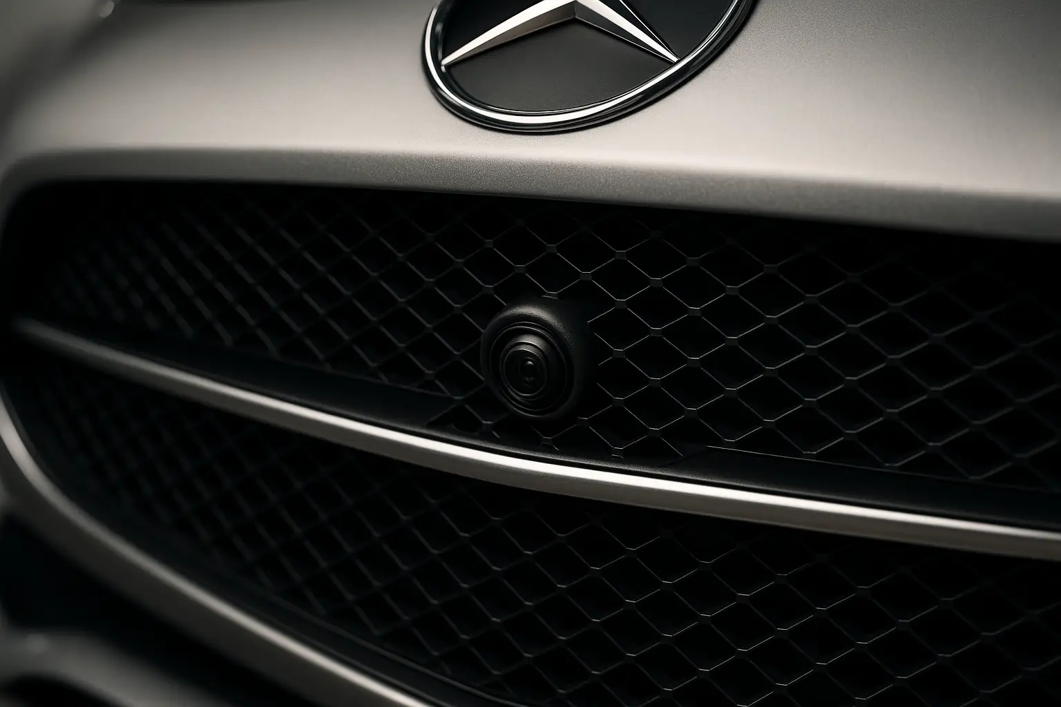 A car's front grille with the 360 camera barely visible in the center emblem area