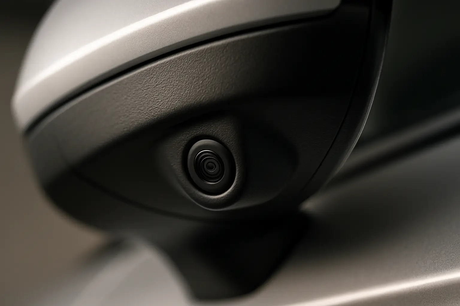 A close-up shot showing the underside of a car mirror with a camera installed cleanly