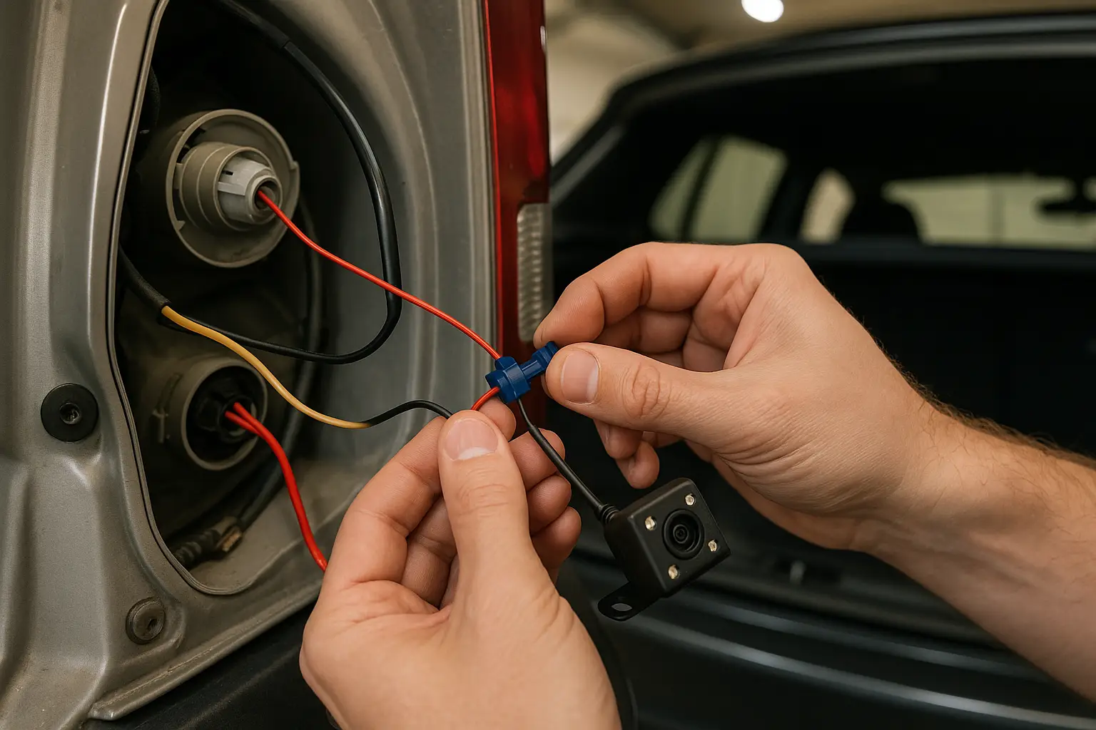 A person connecting wires to a car's reverse light