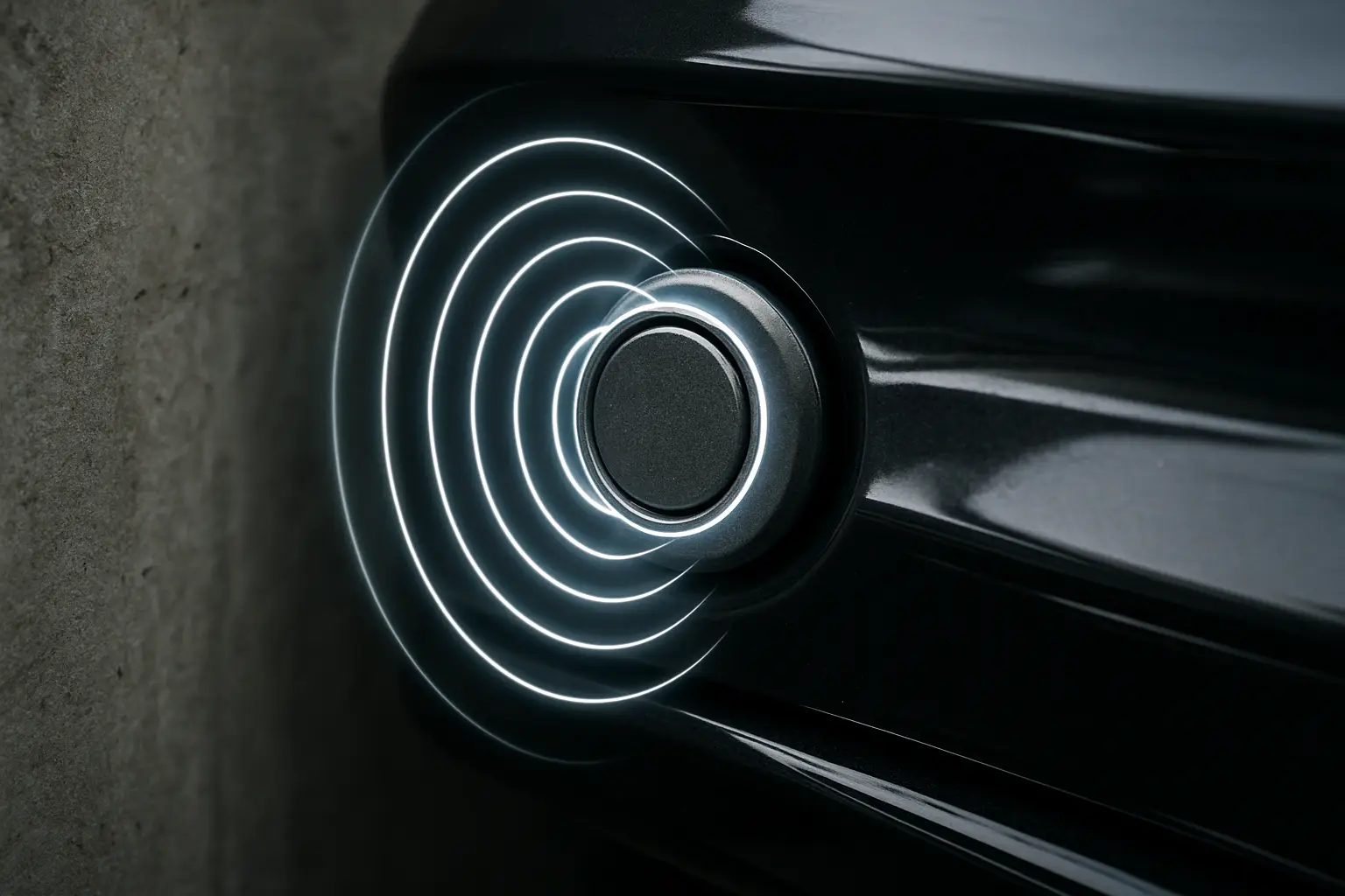 A close-up shot of an ultrasonic sensor on a car bumper with sound wave graphics