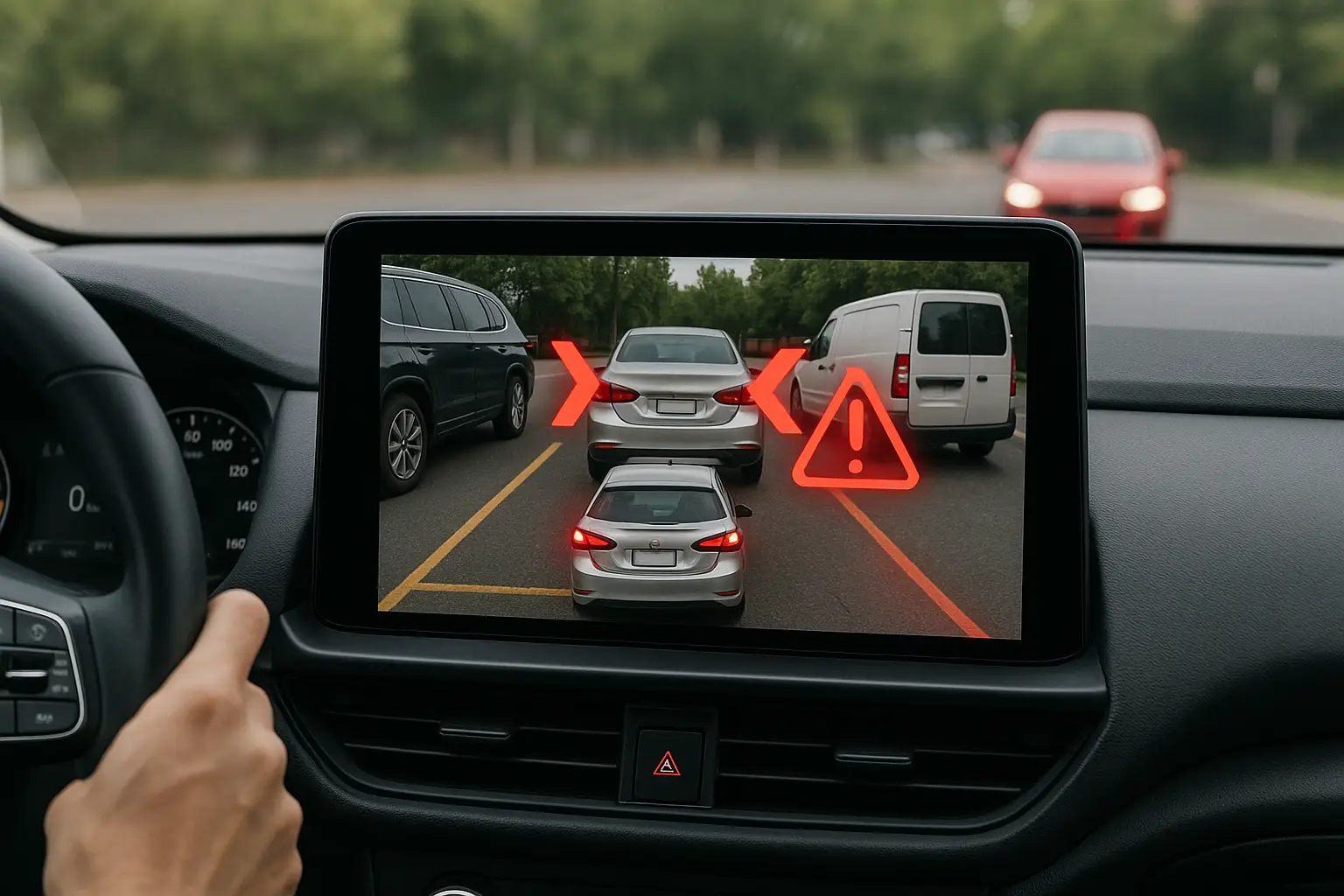 Dashboard view of a car in reverse with RCTA arrows indicating an approaching car from the side