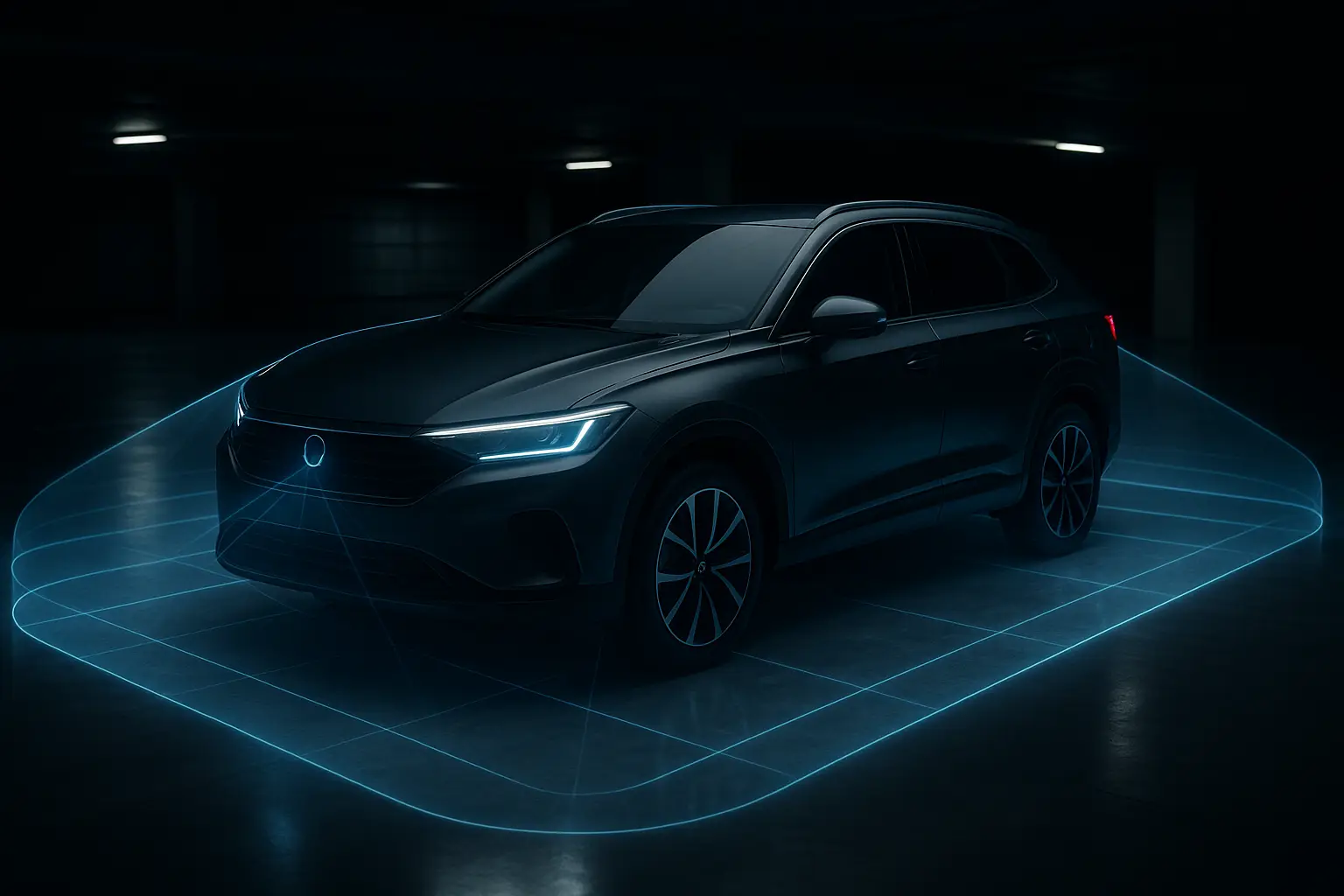 A sleek car with lines showing the 360-degree camera's field of view