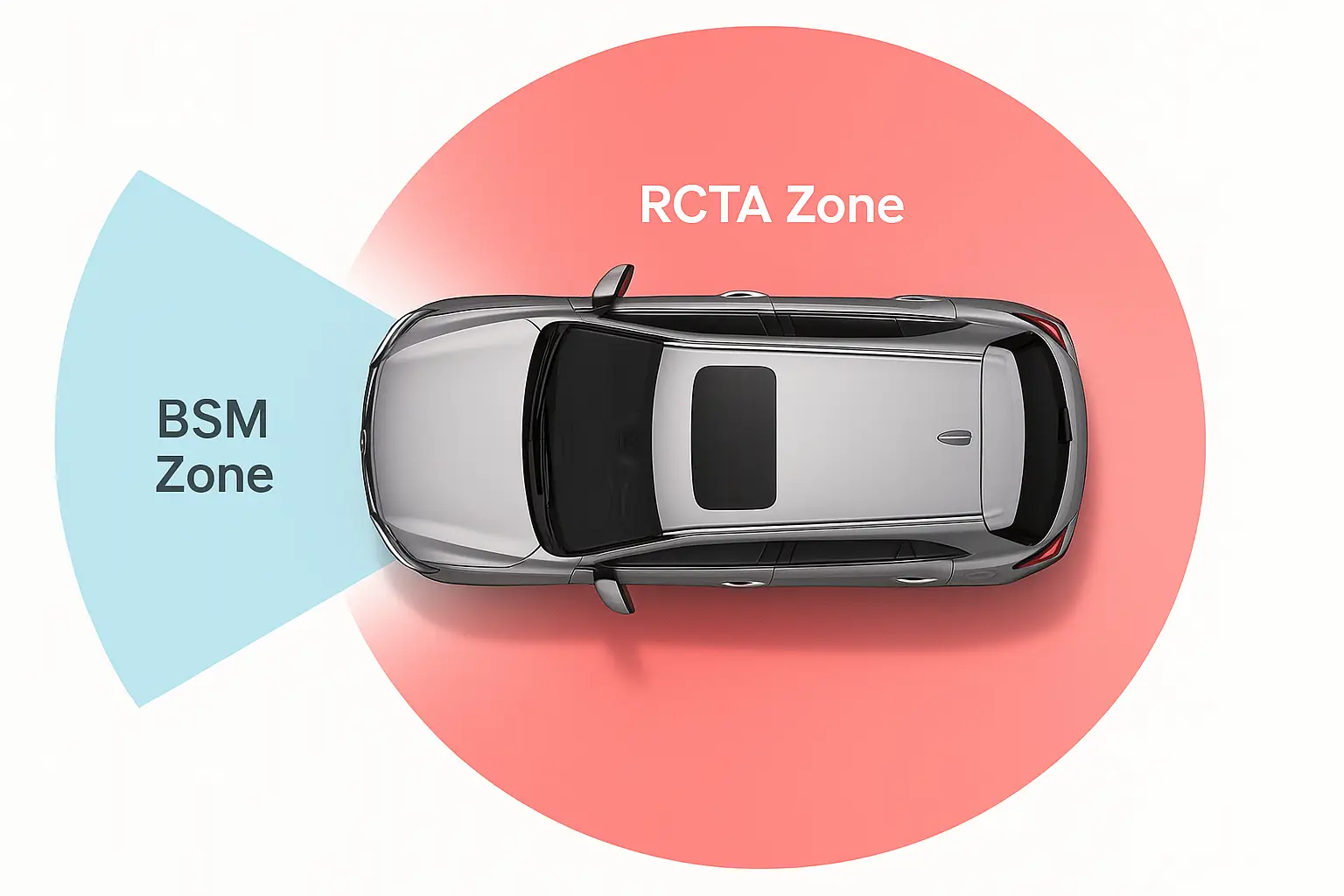 A technical diagram showing the different radar cones for BSM and RCTA on the same vehicle