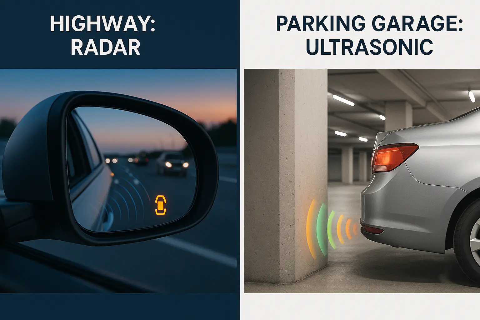 A split-screen graphic showing a car on a highway using radar and a car in a parking garage using ultrasonic