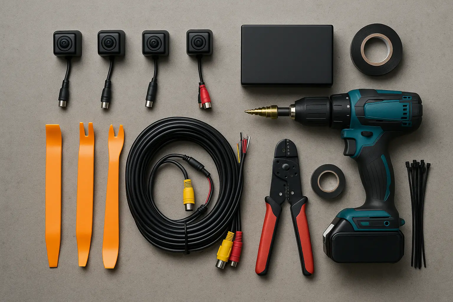 A complete layout of a 360 camera kit and installation tools on a garage floor