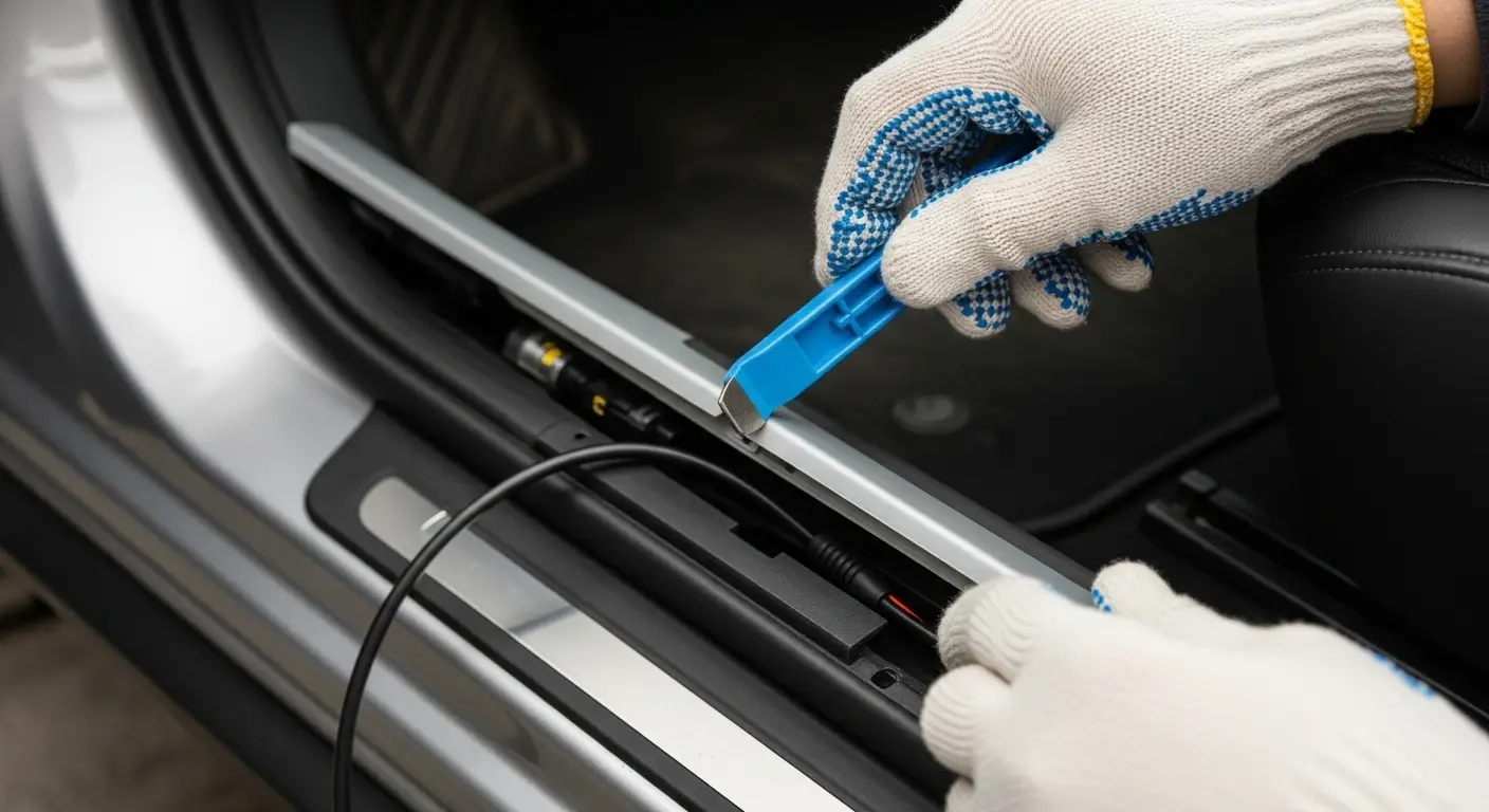 A shot showing a cable being neatly tucked under a car's door sill trim panel