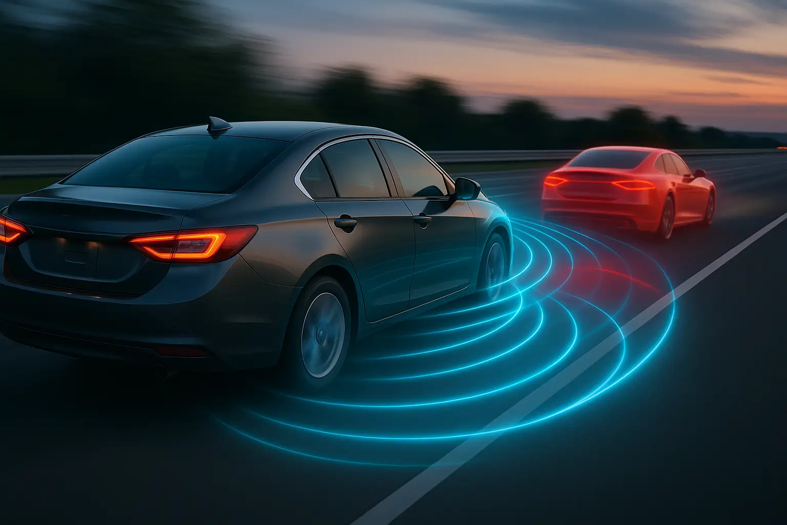 An animation showing radar waves from a car's BSM detecting a vehicle in the blind spot