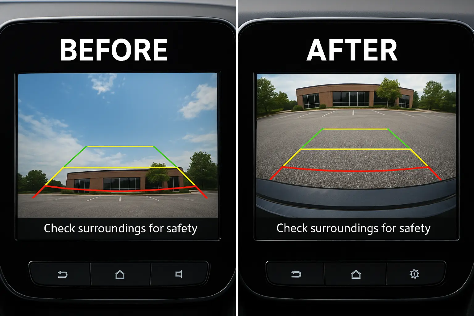 A split view showing a camera aimed too high and one aimed too low