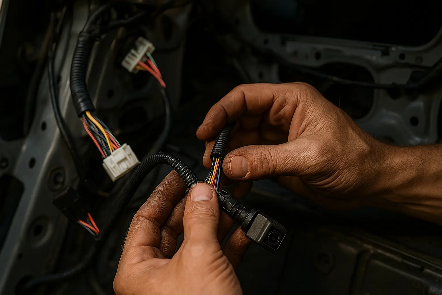 A technician inspecting the wiring harness connected to a backup camera