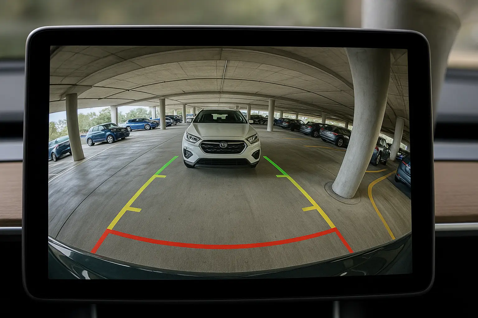 A backup camera with a wide field of view showing fisheye distortion